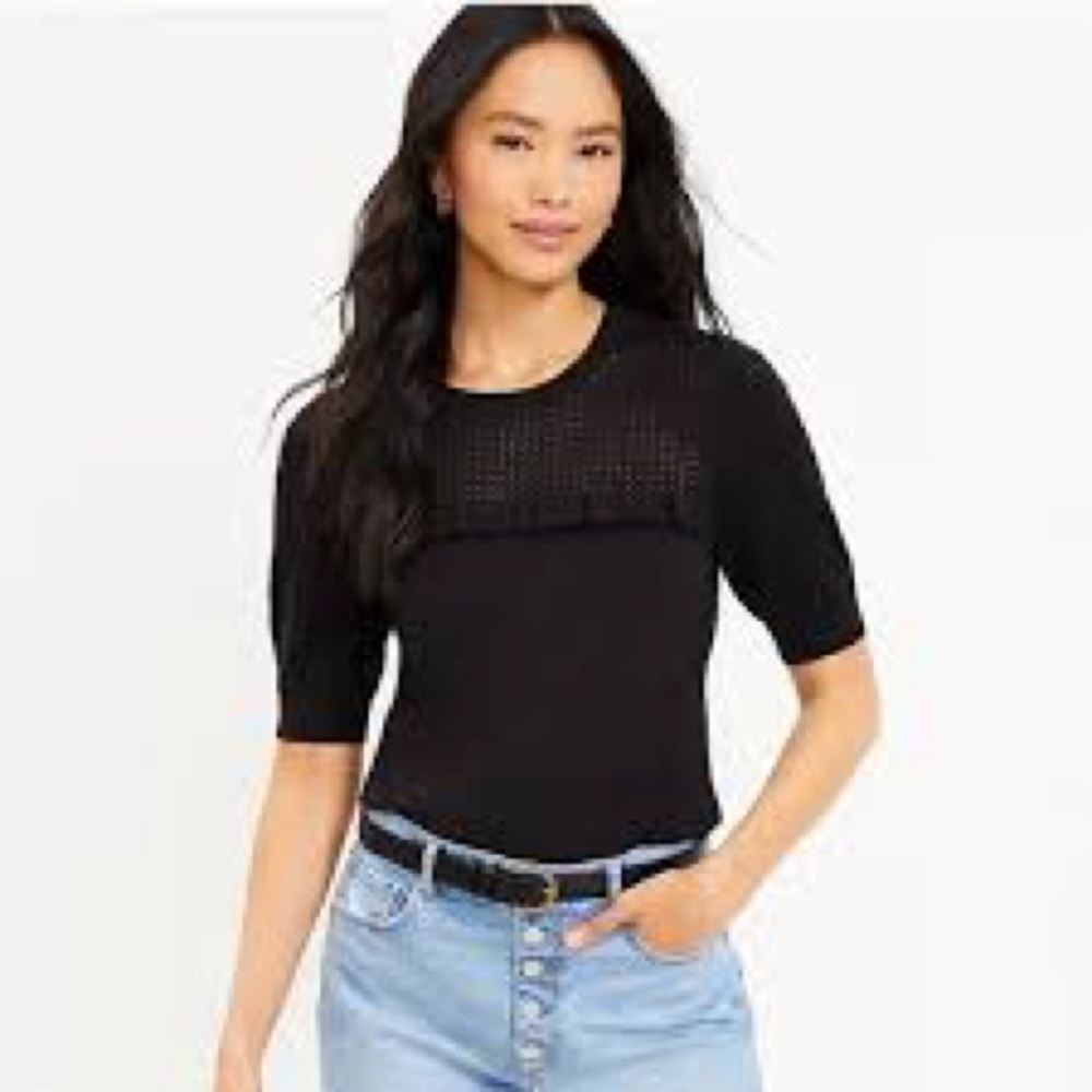 LOFT Pointelle Yoke Ruffle Trim Sweater Tee in Black l Soft l Round Neck